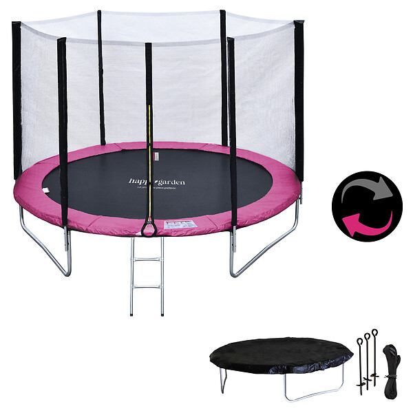 HAPPY GARDEN - Pack Premium Trampoline 245cm réversible rose / gris CANBERRA + filet, échelle, bâche et kit d'ancr - large