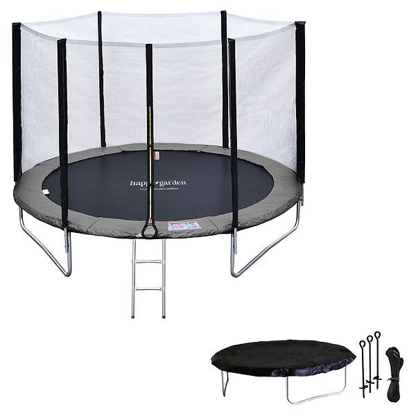 HAPPY GARDEN - Pack Premium Trampoline 245cm réversible rose / gris CANBERRA + filet, échelle, bâche et kit d'ancr - large