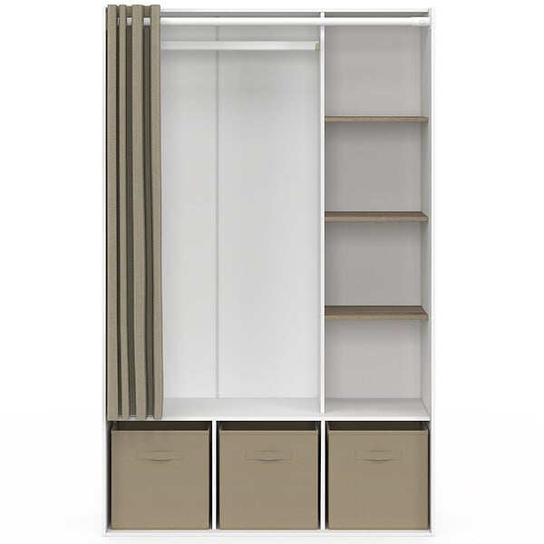 ID MARKET - Dressing penderie DIANE 105 x 45 x 167 cm blanc avec étagères + boites de rangement + rideau taupe - large