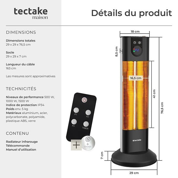 TECTAKE - Radiateur infrarouge Solaris Terra 1500W avec fonction minuterie noir - large