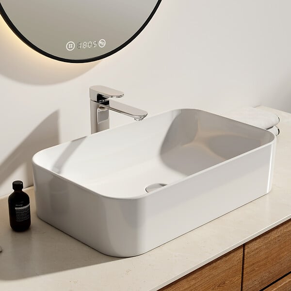 EMKE - EMKE Vasque à poser céramique 61×38×15cm, Lavabo salle de bain rectangulaire, Lavabo en céramique blanc brillant - large