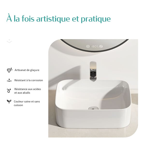 EMKE - EMKE Vasque à poser céramique 61×38×15cm, Lavabo salle de bain rectangulaire, Lavabo en céramique blanc brillant - large