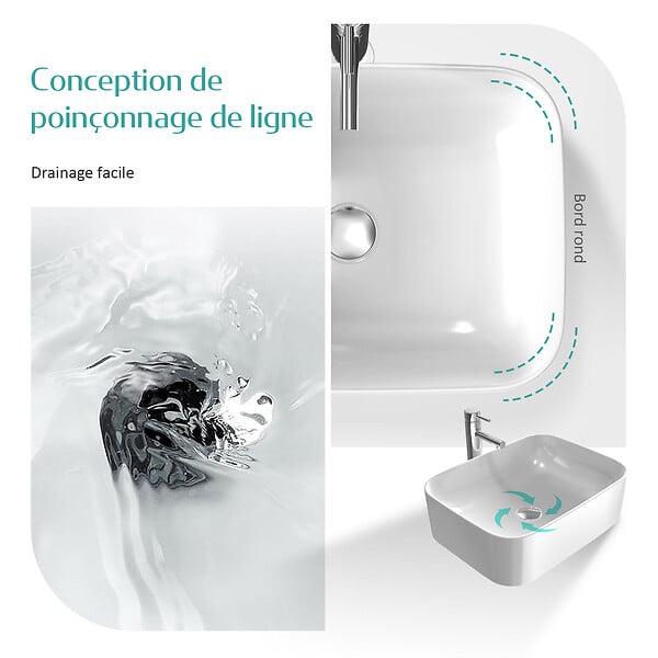 EMKE - EMKE Vasque à poser céramique 61×38×15cm, Lavabo salle de bain rectangulaire, Lavabo en céramique blanc brillant - large