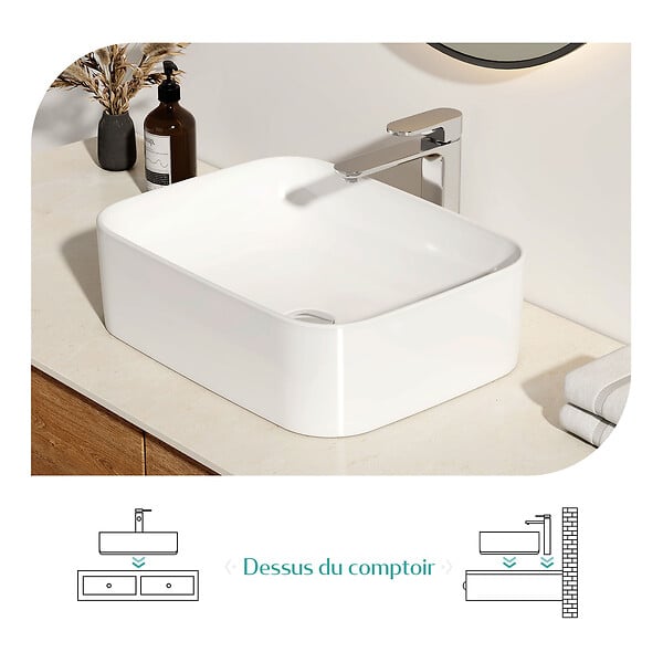 EMKE - EMKE Vasque à poser céramique 61×38×15cm, Lavabo salle de bain rectangulaire, Lavabo en céramique blanc brillant - large