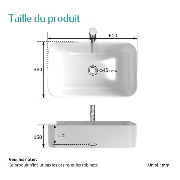EMKE - EMKE Vasque à poser céramique 61×38×15cm, Lavabo salle de bain rectangulaire, Lavabo en céramique blanc brillant - large