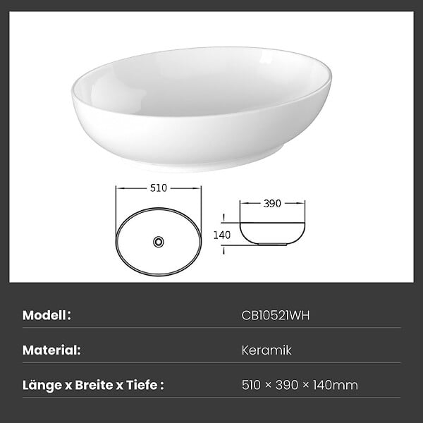 EMKE - EMKE Vasque à Poser Ovale 520 x 395 x 130 mm, Lavabo de Salle de Bain en Céramique, Montage sur Comptoir, Blanc Brillant - large
