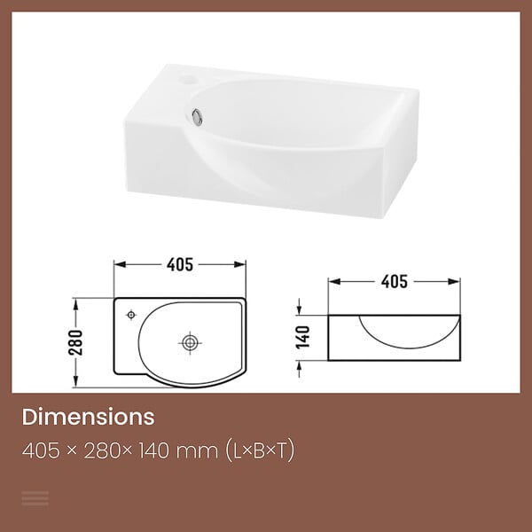 EMKE - EMKE Lavabo Mural de Salle de Bain 405 x 280 x 140 mm, Vasque Rectangulaire en Céramique, Trou pour Robinet à Gauche, Blanc Brillant - large