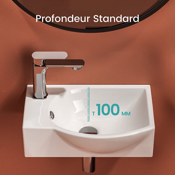 EMKE - EMKE Lavabo Mural de Salle de Bain 405 x 280 x 140 mm, Vasque Rectangulaire en Céramique, Trou pour Robinet à Gauche, Blanc Brillant - large