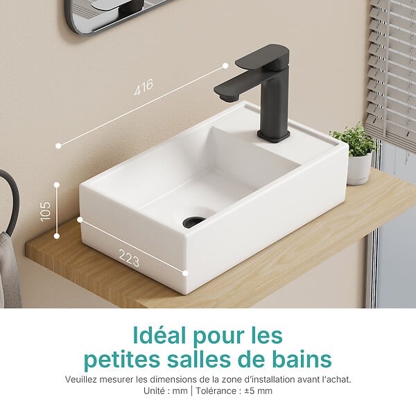 EMKE - EMKE Vasque à poser céramique 41×22×10cm, Lavabo salle de bain rectangulaire, Lavabo en céramique blanc brillant - large