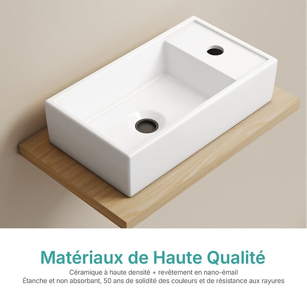 EMKE - EMKE Vasque à poser céramique 41×22×10cm, Lavabo salle de bain rectangulaire, Lavabo en céramique blanc brillant - large