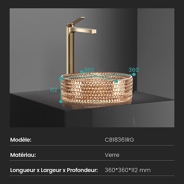 EMKE - EMKE Vasque à Poser Ronde, 360 x 360 x 112 mm, Lavabo en Verre Or rose, Design Montage sur Comptoir - large