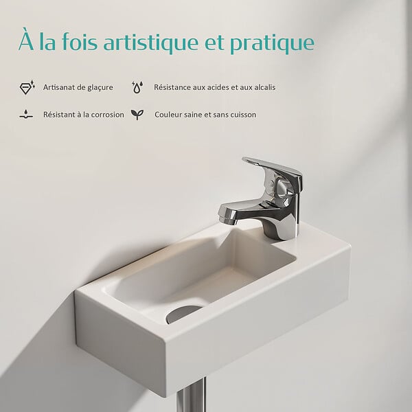 EMKE - EMKE Vasque à Poser en céramique 40,5×20,5×10,5cm, Lavabo suspendu rectangulaire avec robinet trou prépercé, blanc brillant - large
