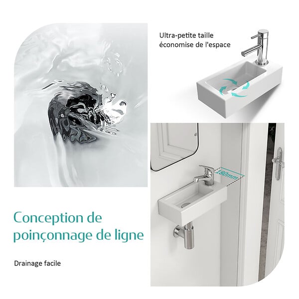 EMKE - EMKE Vasque à Poser en céramique 40,5×20,5×10,5cm, Lavabo suspendu rectangulaire avec robinet trou prépercé, blanc brillant - large