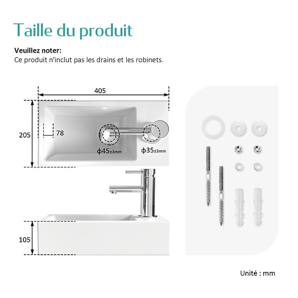 EMKE - EMKE Vasque à Poser en céramique 40,5×20,5×10,5cm, Lavabo suspendu rectangulaire avec robinet trou prépercé, blanc brillant - large