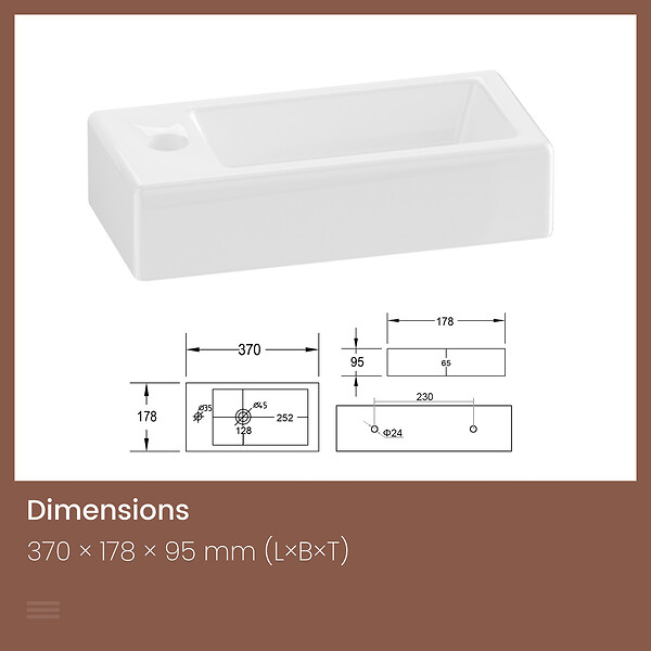 EMKE - EMKE Vasque à Poser en céramique 36,5x18x9cm, Lavabo suspendu rectangulaire avec robinet trou prépercé, blanc brillant - large