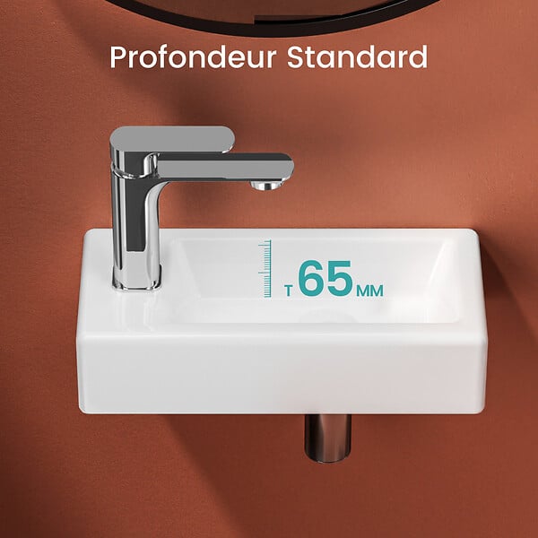 EMKE - EMKE Vasque à Poser en céramique 36,5x18x9cm, Lavabo suspendu rectangulaire avec robinet trou prépercé, blanc brillant - large