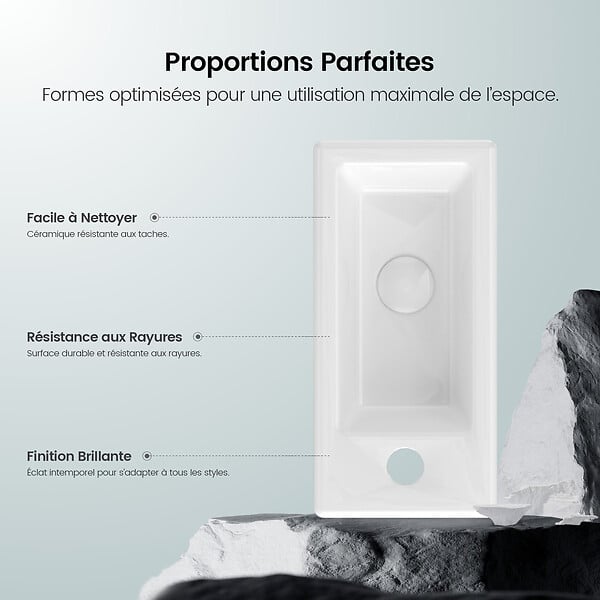 EMKE - EMKE Vasque à Poser en céramique 36,5x18x9cm, Lavabo suspendu rectangulaire avec robinet trou prépercé, blanc brillant - large