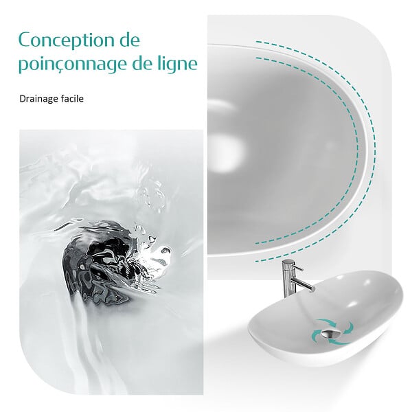 EMKE - EMKE Vasque à Poser en céramique 61,5×36×15,5cm, Lavabo salle de bain Ovale, Lavabo à poser blanc brillant - large