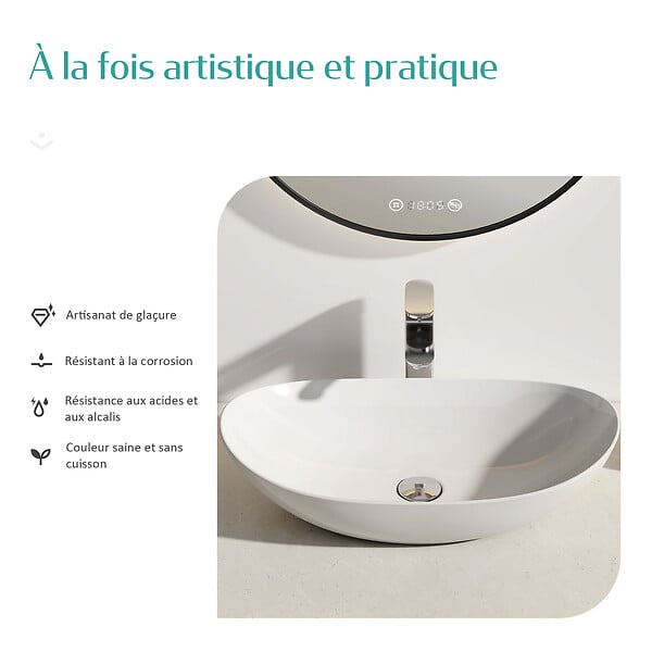 EMKE - EMKE Vasque à Poser en céramique 61,5×36×15,5cm, Lavabo salle de bain Ovale, Lavabo à poser blanc brillant - large