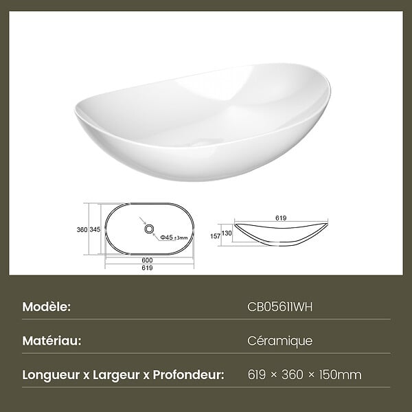 EMKE - EMKE Vasque à Poser en céramique 61,5×36×15,5cm, Lavabo salle de bain Ovale, Lavabo à poser blanc brillant - large