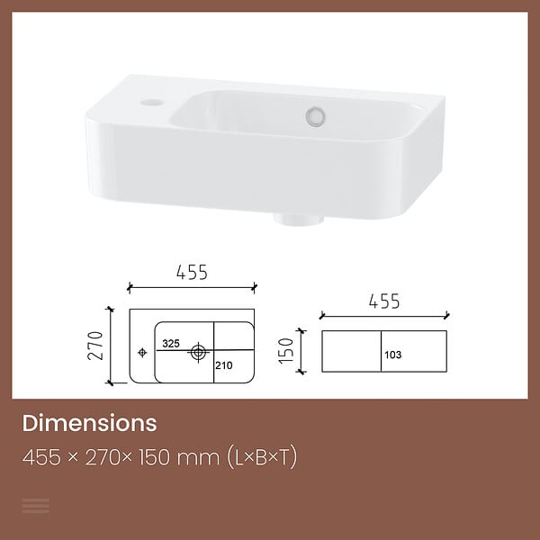 EMKE - EMKE Lavabo Mural de Salle de Bain 450 x 265 x 155 mm, Vasque Rectangulaire en Céramique, Trou pour Robinet à Gauche, Blanc Brillant - large