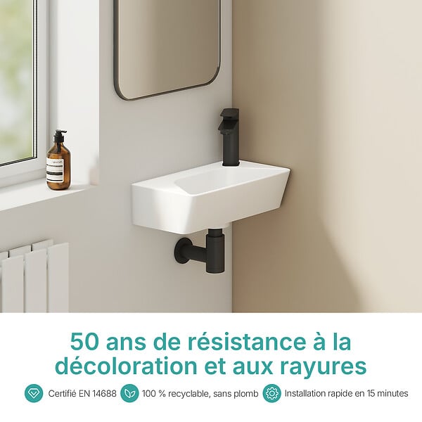 EMKE - EMKE Lavabo Mural de Salle de Bain 400 x 225 x 130 mm, Vasque Rectangulaire en Céramique, Trou pour Robinet à Droite, Blanc Brillant - large