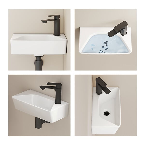 EMKE - EMKE Lavabo Mural de Salle de Bain 400 x 225 x 130 mm, Vasque Rectangulaire en Céramique, Trou pour Robinet à Droite, Blanc Brillant - large