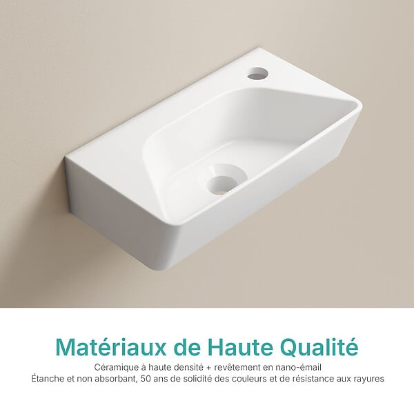 EMKE - EMKE Lavabo Mural de Salle de Bain 400 x 225 x 130 mm, Vasque Rectangulaire en Céramique, Trou pour Robinet à Droite, Blanc Brillant - large