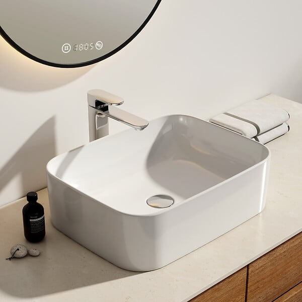 EMKE - EMKE Vasque à poser céramique 50,5×38×15cm, Lavabo salle de bain rectangulaire, Lavabo en céramique blanc brillant - large