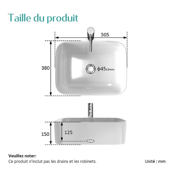 EMKE - EMKE Vasque à poser céramique 50,5×38×15cm, Lavabo salle de bain rectangulaire, Lavabo en céramique blanc brillant - large