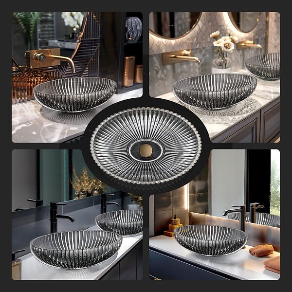 EMKE - EMKE Vasque à Poser Ovale, 510 x 350 x 150 mm, Lavabo en Verre Noir, Design Montage sur Comptoir - large
