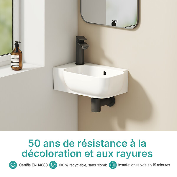 EMKE - EMKE Lavabo Mural de Salle de Bain 400 x 250 x 140 mm, Vasque Rectangulaire en Céramique, Trou pour Robinet à Gauche, Blanc Brillant - large