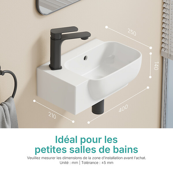 EMKE - EMKE Lavabo Mural de Salle de Bain 400 x 250 x 140 mm, Vasque Rectangulaire en Céramique, Trou pour Robinet à Gauche, Blanc Brillant - large