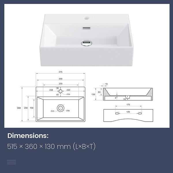 EMKE - EMKE Vasque à Poser en céramique 51,5×36×13cm, Lavabo rectangulaire avec robinet trou prépercé, Lavabo à poser blanc brillant - large