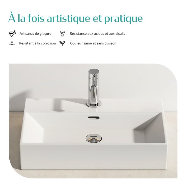 EMKE - EMKE Vasque à Poser en céramique 51,5×36×13cm, Lavabo rectangulaire avec robinet trou prépercé, Lavabo à poser blanc brillant - large