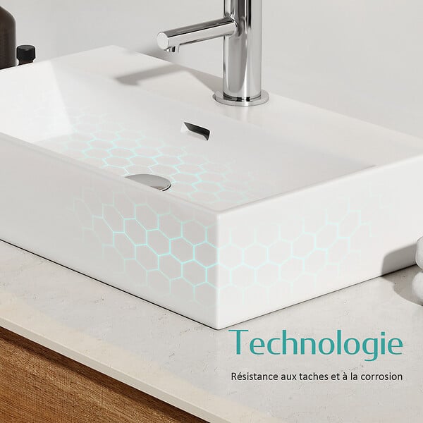 EMKE - EMKE Vasque à Poser en céramique 51,5×36×13cm, Lavabo rectangulaire avec robinet trou prépercé, Lavabo à poser blanc brillant - large
