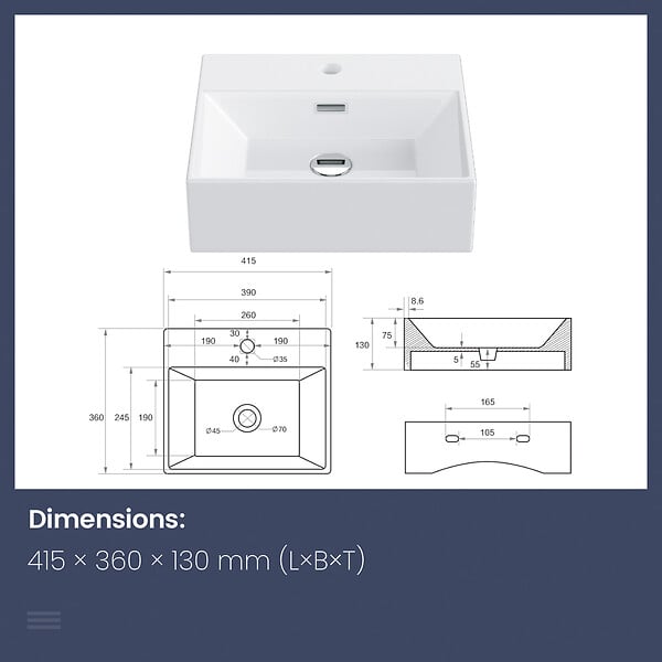 EMKE - EMKE Vasque à Poser en céramique 41,5×36×13cm, Lavabo rectangulaire avec robinet trou prépercé, Lavabo à poser blanc brillant - large