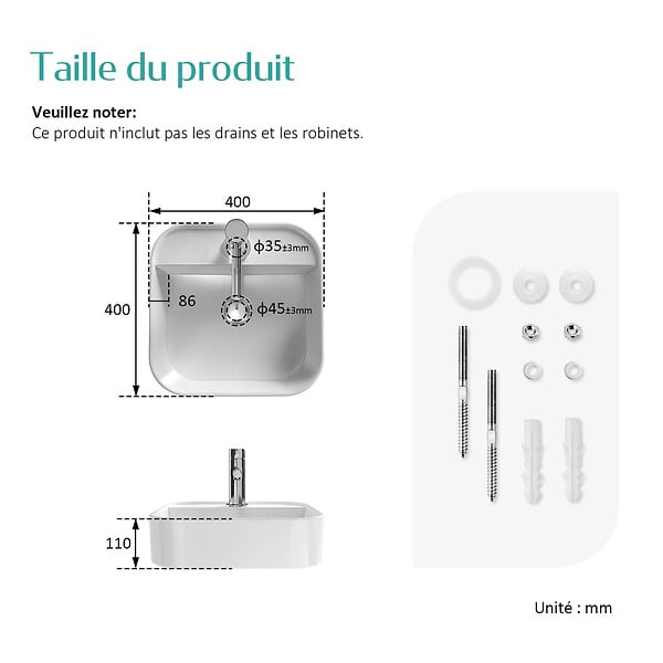 EMKE - EMKE Vasque à Poser en céramique 40×40×11cm, Lavabo Carré avec robinet trou prépercé, Lavabo à poser blanc brillant - large