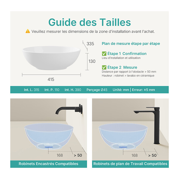 EMKE - EMKE Vasque à Poser en céramique 41,5×33,5×13cm, Lavabo salle de bain Ovale, Lavabo à poser blanc brillant - large