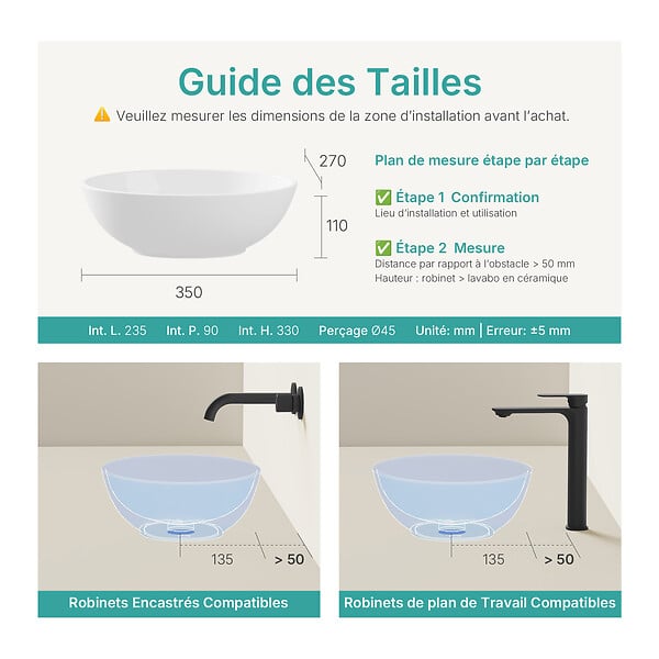 EMKE - EMKE Vasque à Poser en céramique 35×27×11cm, Lavabo salle de bain Ovale, Lavabo à poser blanc brillant - large