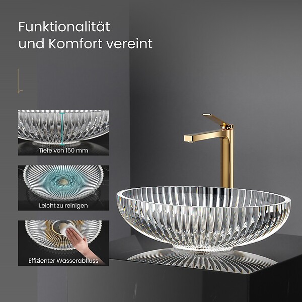 EMKE - EMKE Vasque à Poser Ovale, 510 x 350 x 150 mm, Lavabo en Verre Transparent, Design Montage sur Comptoir - large