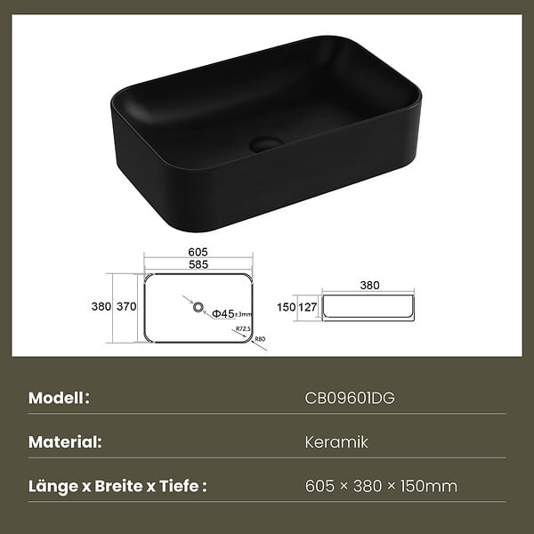 EMKE - EMKE Vasque à Poser 610 x 380 x 150 mm, Lavabo Rectangulaire en Céramique pour Salle de Bain, Coins Arrondis R, Gris Foncé Mat - large
