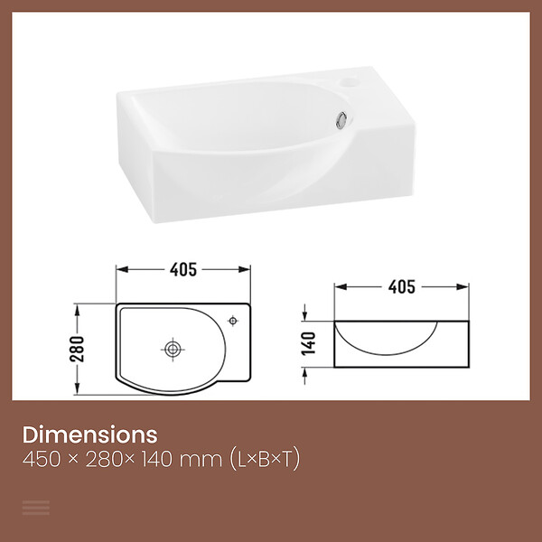 EMKE - EMKE Lavabo Mural de Salle de Bain 405 x 280 x 140 mm, Vasque Rectangulaire en Céramique, Trou pour Robinet à Droit, Blanc Brillant - large