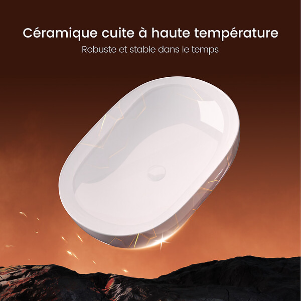 EMKE - EMKE Vasque à Poser Rectangulaire Arrondie 600 x 415 x 135 mm, Lavabo en Céramique de Salle de Bain, Blanc Brillant - large