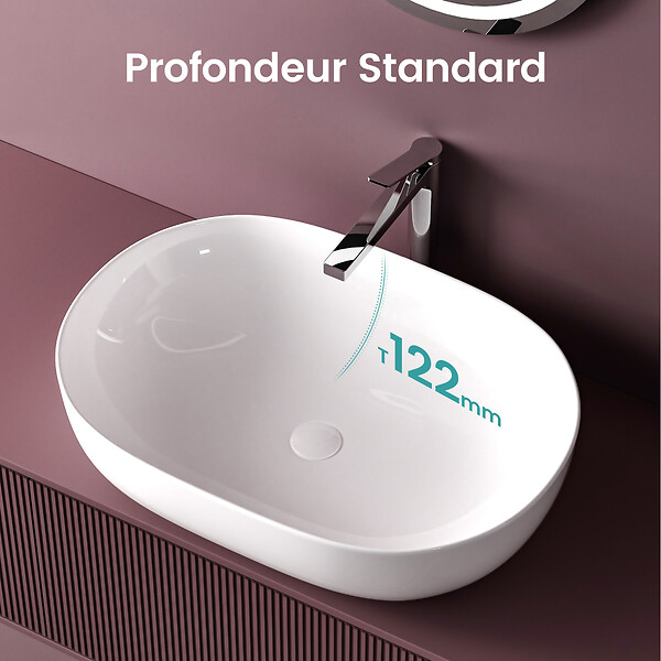 EMKE - EMKE Vasque à Poser Rectangulaire Arrondie 600 x 415 x 135 mm, Lavabo en Céramique de Salle de Bain, Blanc Brillant - large