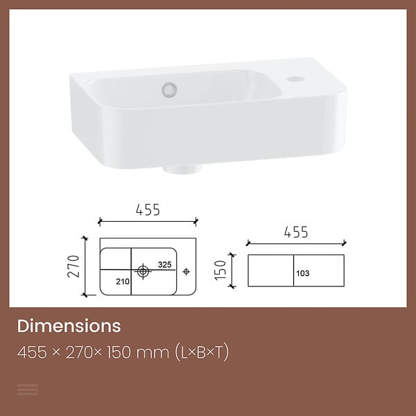 EMKE - EMKE Lavabo Mural de Salle de Bain 450 x 265 x 155 mm, Vasque Rectangulaire en Céramique, Trou pour Robinet à Droite, Blanc Brillant - large