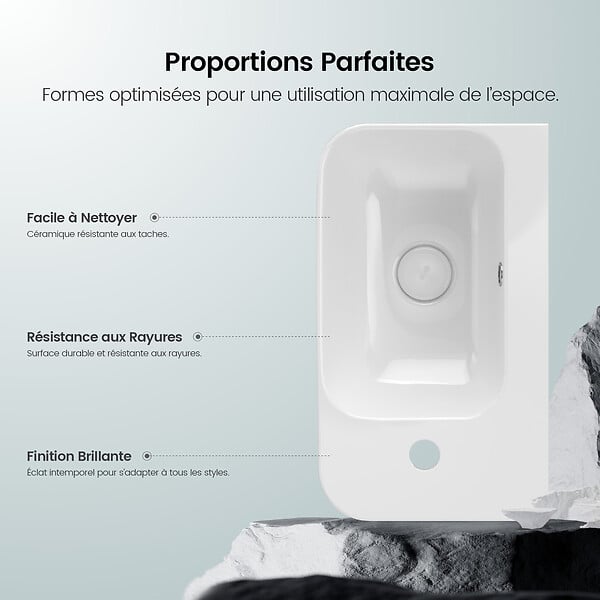 EMKE - EMKE Lavabo Mural de Salle de Bain 450 x 265 x 155 mm, Vasque Rectangulaire en Céramique, Trou pour Robinet à Droite, Blanc Brillant - large