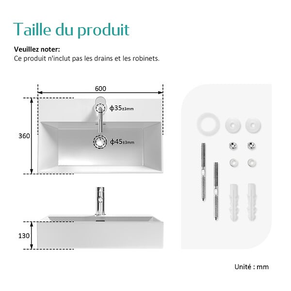 EMKE - EMKE Vasque à Poser en céramique 60×36×13cm, Lavabo rectangulaire avec robinet trou prépercé, Lavabo à poser blanc brillant - large