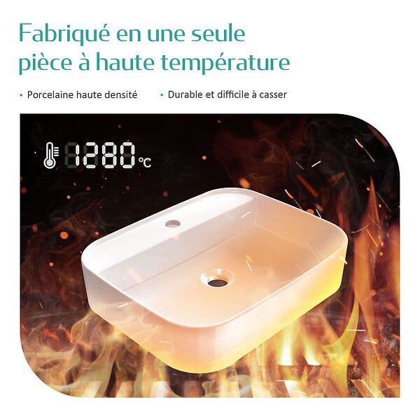 EMKE - EMKE Vasque à Poser en céramique 50×40×11cm, Lavabo rectangulaire avec robinet trou prépercé, Lavabo à poser blanc brillant - large
