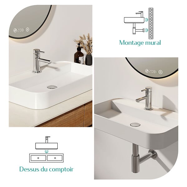 EMKE - EMKE Vasque à Poser en céramique 50×40×11cm, Lavabo rectangulaire avec robinet trou prépercé, Lavabo à poser blanc brillant - large
